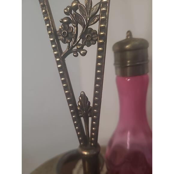 Vintage Cruet Simpson Hall Miller Quad Silverplate Cranberry Cut Glass Decor DIY - Picture 10 of 16